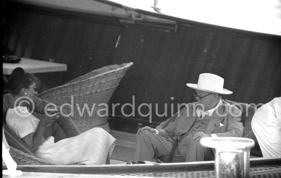 Maria Callas and Sir Winston Churchill on board Onassis\' yacht Christina. Monaco harbor 1959. - Photo by Edward Quinn