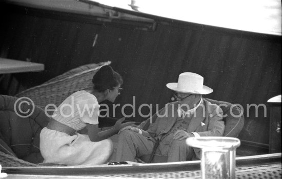 Maria Callas and Sir Winston Churchill on board Onassis' yacht Christina. Monaco harbor 1959. - Photo by Edward Quinn