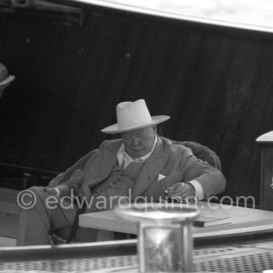 Sir Winston Churchill on board Onassis' yacht Christina. Monaco harbor 1959. - Photo by Edward Quinn
