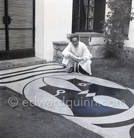 Jean Cocteau with his mosaic at Villa Santo Sospir. Saint-Jean-Cap-Ferrat 1952. - Photo by Edward Quinn