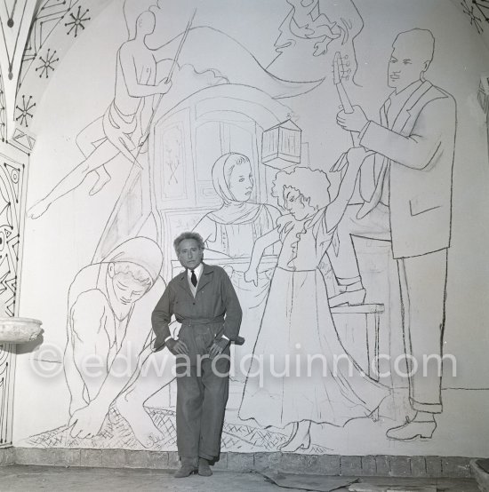 Jean Cocteau working on the mural of the Chapelle Saint Pierre. Villefranche-sur-Mer 1956. - Photo by Edward Quinn