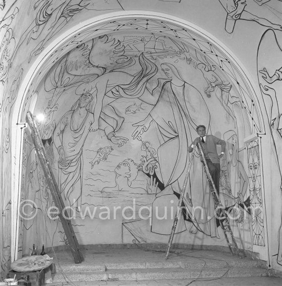 Jean Cocteau working on the mural of the Chapelle Saint Pierre. Villefranche-sur-Mer 1956. - Photo by Edward Quinn