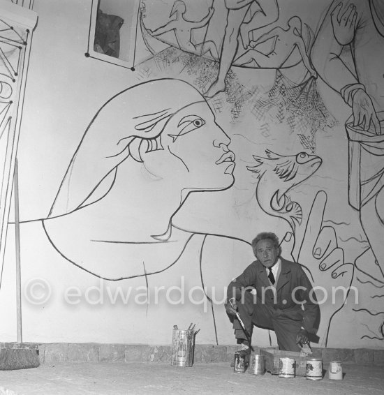 Jean Cocteau working on the mural of the Chapelle Saint Pierre. Villefranche-sur-Mer 1956. - Photo by Edward Quinn