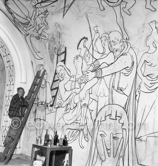 Jean Cocteau working on the mural of the Chapelle Saint Pierre. Villefranche-sur-Mer 1956. - Photo by Edward Quinn