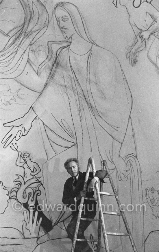 Jean Cocteau working on the mural of the Chapelle Saint Pierre. Villefranche-sur-Mer 1956. - Photo by Edward Quinn