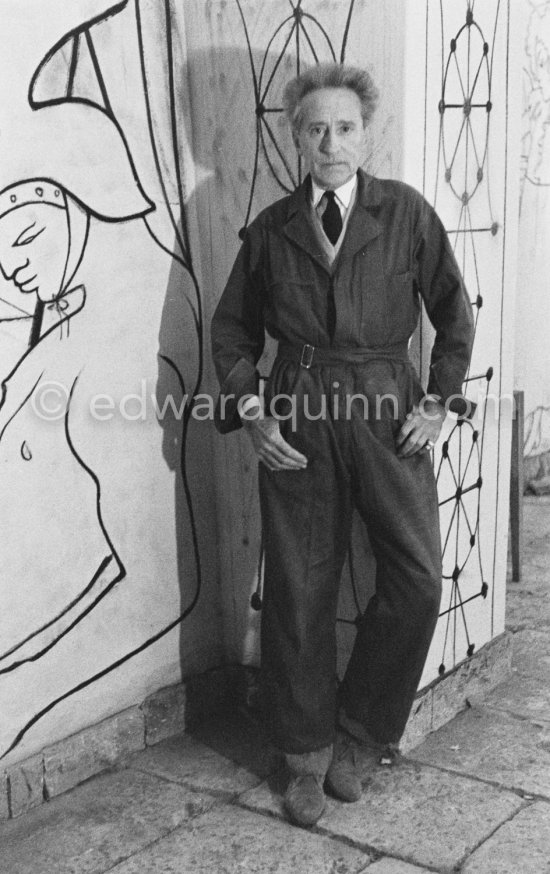 Jean Cocteau working on the mural of the Chapelle Saint Pierre. Villefranche-sur-Mer 1956. - Photo by Edward Quinn