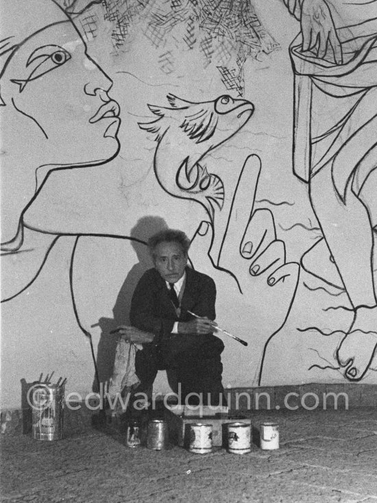 Jean Cocteau working on the mural of the Chapelle Saint Pierre. Villefranche-sur-Mer 1956. - Photo by Edward Quinn