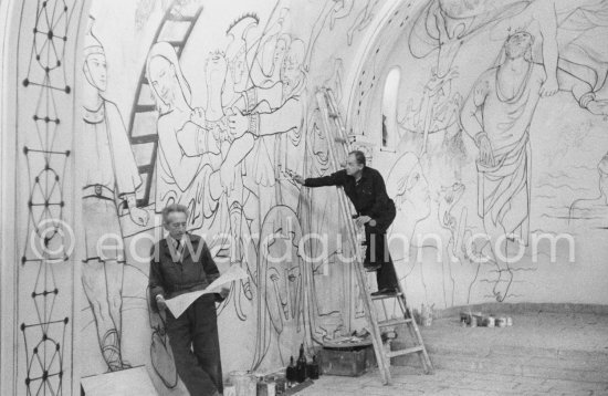 Jean Cocteau working on the mural of the Chapelle Saint Pierre. Villefranche-sur-Mer 1956. - Photo by Edward Quinn