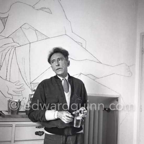 Jean Cocteau at Villa Santo Sospir of his close friend Francine Weisweiller in front of one of the murals he made for the interior walls. Saint-Jean-Cap-Ferrat 1954. - Photo by Edward Quinn