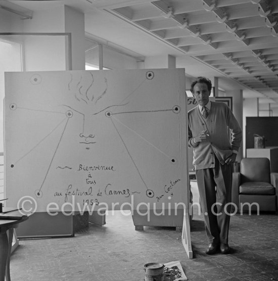 Jean Cocteau, making a drawing for the 6th Cannes Film Festival. Cannes 1953. - Photo by Edward Quinn