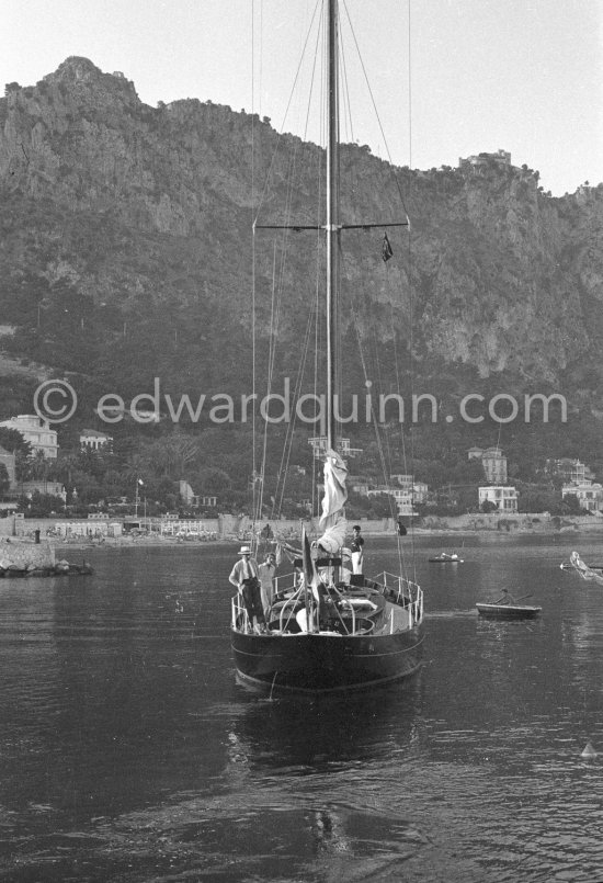 Jean Cocteau, Edouard Dermit and Francine Weisweiller on board her yacht Orphée II. Villefranche-sur-Mer 1954. - Photo by Edward Quinn