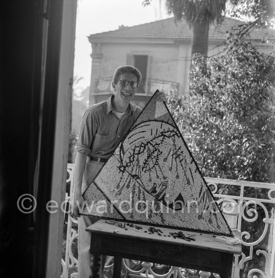 Hjalmar Boyesen. He collaborated with Pablo Pablo Picasso during 1956-1958, and executed some mosaics for him. The triangle shape mosaic is made after a design by Jean Cocteau. Based on Cocteau’s journal, it was made in October 1956. and it is representing the crucifixion. - Photo by Edward Quinn