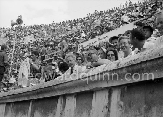 Jean Cocteau, Douglas Cooper, John Richardson (far right). Bullfight, Nimes 1960. (Photos in the bull ring of this bullfight see "Miscellanous".) - Photo by Edward Quinn