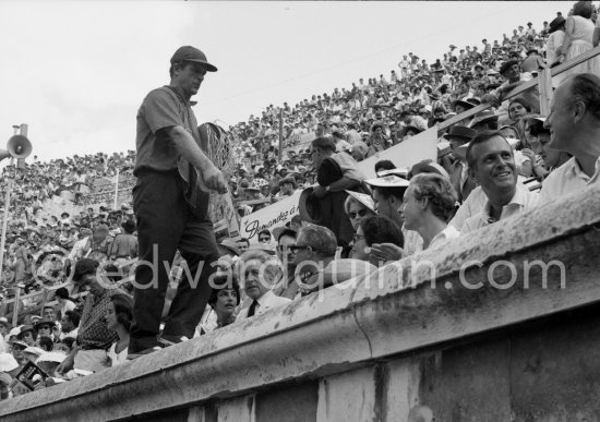 Jean Cocteau, Douglas Cooper, John Richardson (far right). Bullfight, Nimes 1960. (Photos in the bull ring of this bullfight see "Miscellanous".) - Photo by Edward Quinn