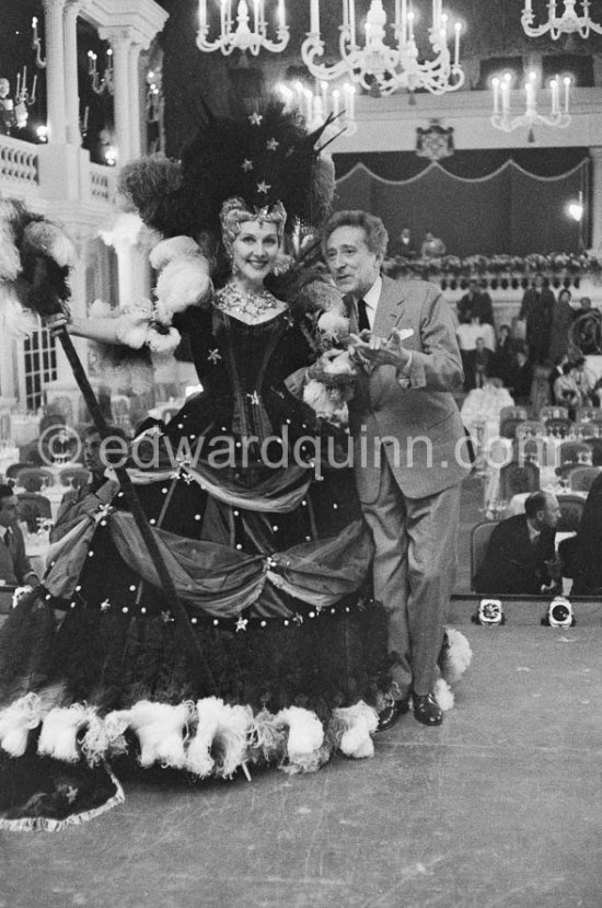 Wedding of Prince Rainier and Grace Kelly: Jean Cocteau on stage with Jacqueline Chambord, who read an ode which Cocteau wrote for the event (probably rehearsal). Monaco 1956. - Photo by Edward Quinn