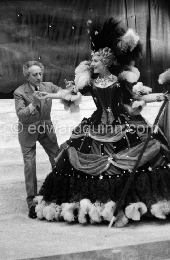 Wedding of Prince Rainier and Grace Kelly: Jean Cocteau on stage with Jacqueline Chambord, who read the poem "Compliment" which Cocteau wrote for the event (probably rehearsal). Monaco 1956. - Photo by Edward Quinn