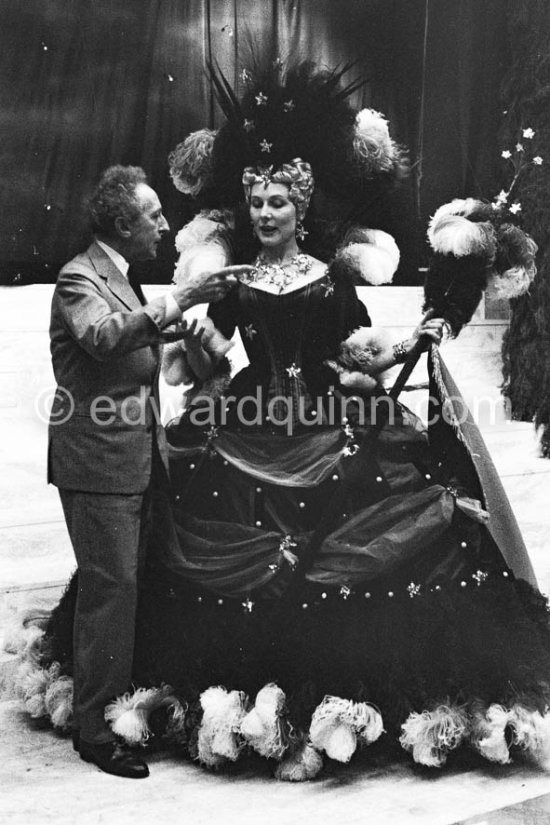 Wedding of Prince Rainier and Grace Kelly: Jean Cocteau on stage with Jacqueline Chambord, who read the poem "Compliment" which Cocteau wrote for the event (probably rehearsal). Monaco 1956. - Photo by Edward Quinn