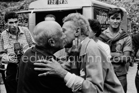 Jean Cocteau and Pablo Picasso. During filming of "Le Testament d’Orphée", film of Jean Cocteau. Saint-Jean-Cap-Ferrat 1959. - Photo by Edward Quinn