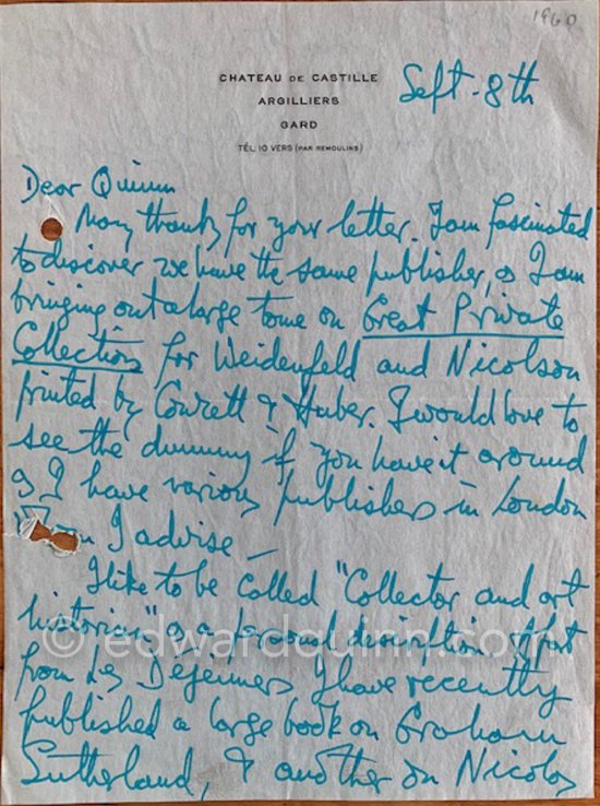 Letter of Douglas Cooper, collector and art historian to Quinn. 8.9.60 - Photo by Edward Quinn