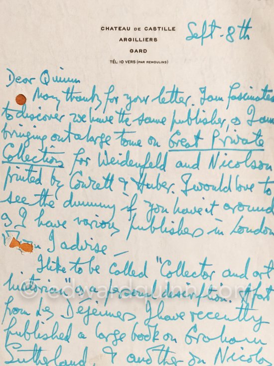Letter (1/2) Douglas Cooper to Edward Quinn, Château de Castille, Argilliers, 8.9.1960. - Photo by Edward Quinn