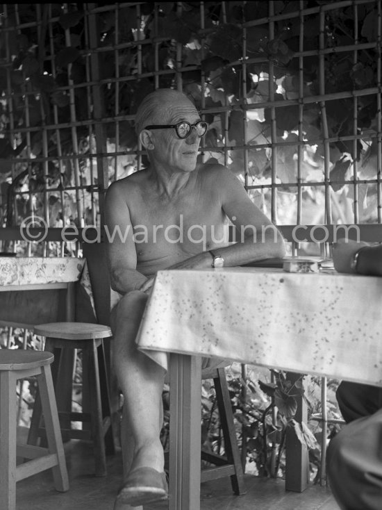 Le Corbusier (Charles-Édouard Jeanneret) at the small restaurant L\'Etoile de Mer next to his vacation cabin Le Cabanon. Roquebrune-Cap-Martin 1953. - Photo by Edward Quinn