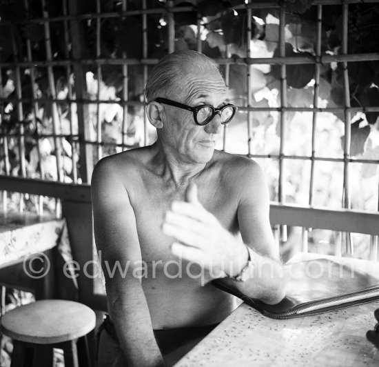 Le Corbusier (Charles-Édouard Jeanneret) at the small restaurant L\'Etoile de Mer next to his vacation cabin Le Cabanon. Roquebrune-Cap-Martin 1953. - Photo by Edward Quinn