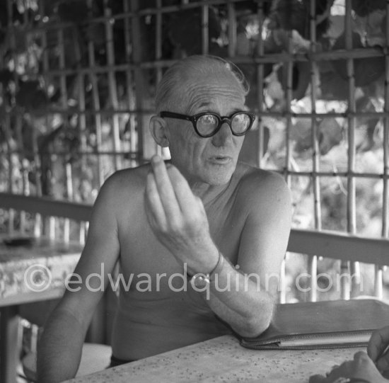 Le Corbusier (Charles-Édouard Jeanneret) at the small restaurant L\'Etoile de Mer next to his vacation cabin Le Cabanon. Roquebrune-Cap-Martin 1953. - Photo by Edward Quinn