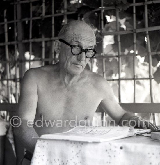 Le Corbusier (Charles-Édouard Jeanneret) at the small restaurant L\'Etoile de Mer next to his vacation cabin Le Cabanon. Roquebrune-Cap-Martin 1953. - Photo by Edward Quinn