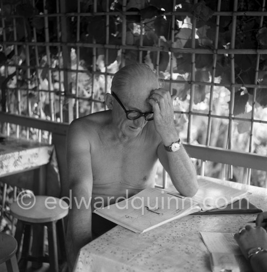 Le Corbusier (Charles-Édouard Jeanneret) at the small restaurant L\'Etoile de Mer next to his vacation cabin Le Cabanon. Roquebrune-Cap-Martin 1953. - Photo by Edward Quinn