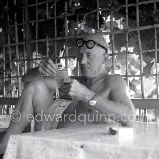 Le Corbusier (Charles-Édouard Jeanneret) at the small restaurant L\'Etoile de Mer next to his vacation cabin Le Cabanon. Roquebrune-Cap-Martin 1953. - Photo by Edward Quinn