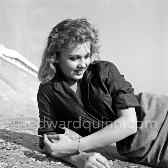 French actress Isabelle Corey during filming of "Et Dieu créa la femme" ("And God Created Woman"). Cannes Film Festival 1956. - Photo by Edward Quinn