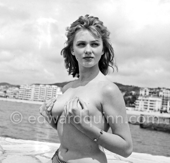 French actress Isabelle Corey during filming of "Et Dieu créa la femme" ("And God Created Woman"). Cannes Film Festival 1956. - Photo by Edward Quinn