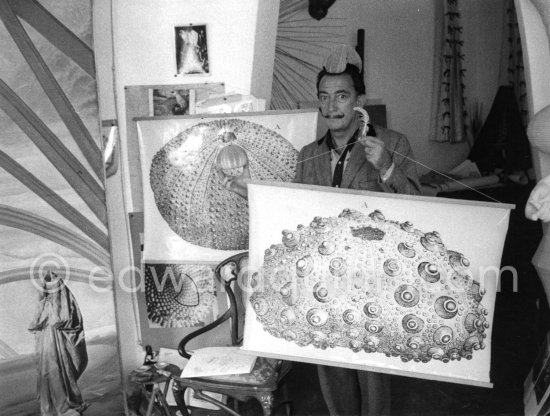 Salavador Salvador Dalí poses with some objects he has used in the study of the "oursin" (sea urchin) to help him in his efforts to obtain a painting done by a sea urchin using a swans\'s feather or a dry flower in the urchin\'s mouth. The two display boards show sea urchin fossiles. Portlligat, Cadaqués 1957. - Photo by Edward Quinn