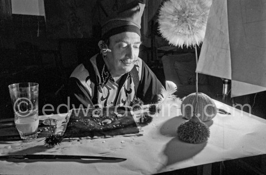 Salvador Dalí with his sea urchins. A swan\'s feather he puts in the sea urchin\'s mouth is allowed to slightly touch a sheet of blackened paper. The movements then made are traced on the paper. At Salvador Dalí\'s house, Portlligat, Cadaqués 1957. - Photo by Edward Quinn