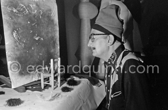 Salvador Dalí shows the set up from which he hopes to obtain the painting, a sea urchin is placed on a small chair and in its mouth, the "Aristotle's lantern", he puts a swan’s feather or other light object. The swan’s feather (he owns two swans which swim around in the sea in front of his home at Port Lligat) is allowed to slightly touch a sheet of blackened paper. The movements then made by the "oursin" are traced on the paper. At Salvador Dalí's house, Portlligat, Cadaqués 1957. - Photo by Edward Quinn