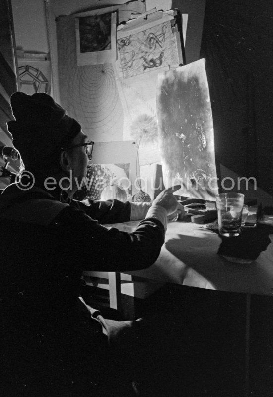 First results of Salvador Dalí\'s experiments with the sea urchin holding a swanfeather or a dried flower and moving backwards and forewards thus marking the blackened paper. These experiments he is carrying out at his studio in his Spanish home at Portlligat, Cadaqués on the Costa Brava 1957. - Photo by Edward Quinn