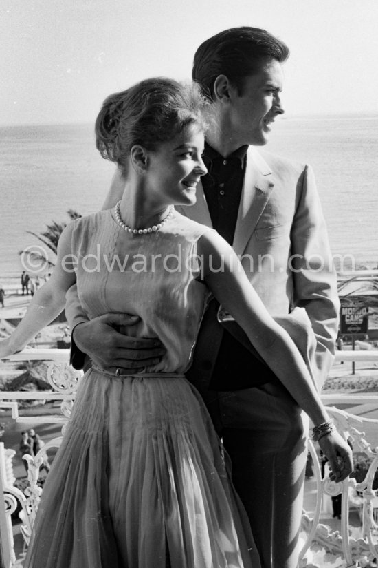 Romy Schneider and Alain Delon at the Carlton Hotel. They had become engaged but it was broken off after several years. Cannes 1962. - Photo by Edward Quinn