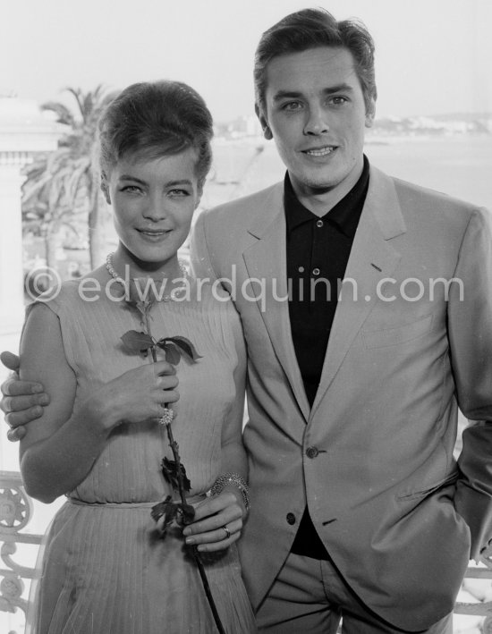 Romy Schneider and Alain Delon at the Carlton Hotel. They had become engaged but it was broken off after several years. Cannes 1962. Romy with a Cartier Trinity Ring. - Photo by Edward Quinn