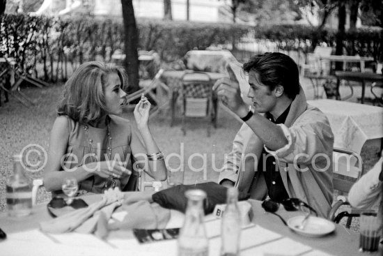 Shooting break: Jane Fonda and Alain Delon on the film set of "Les Félins". Antibes 1964. - Photo by Edward Quinn