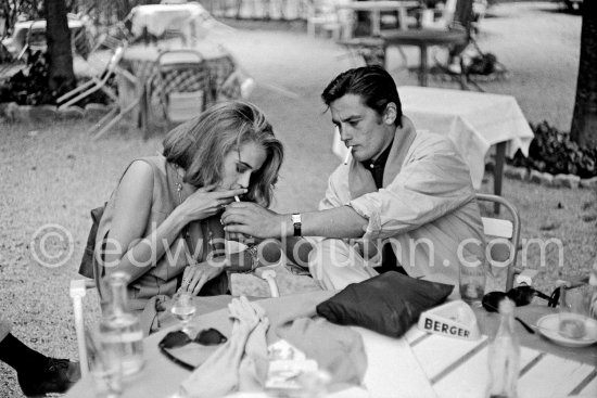 Shooting break: Jane Fonda and Alain Delon on the film set of "Les Félins". Antibes 1964. - Photo by Edward Quinn