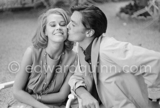 Shooting break: Jane Fonda and Alain Delon on the film set of "Les Félins". Antibes 1964. - Photo by Edward Quinn