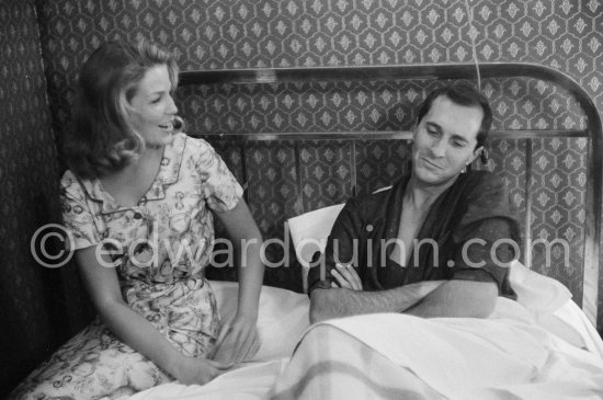 Luis Miguel Dominguin and Canadian actress Alexandra Stewart ("Exodus"). Hotel Nord-Pinus, Arles 1960. - Photo by Edward Quinn