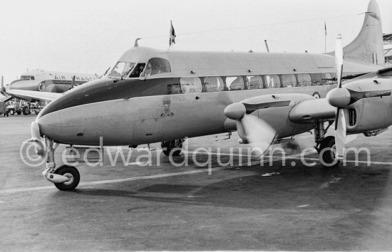 The Duke of Edinburgh, Prince Philip, on an official 5-days visit to Monte Carlo. He is piloting the King\'s Flight de Havilland DH.114 Heron 2. Nice Airport Feb. 1951. - Photo by Edward Quinn