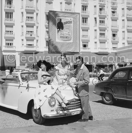 Actor and actresses (not yet identified). Cannes Film Festival 1952. Car: Fiat 1100 Monviso cabriolet by Stabilimenti Monviso, Torino, called the "Stella Alpina", but the front is definitely different. Alessandro Sannia, Fiat expert: "My opinion is that the car could have been modified after an accident, perhaps in Spain: see the Barcelona license plate. It was common to rebuild special-bodied cars in different shape after damaging them." - Photo by Edward Quinn