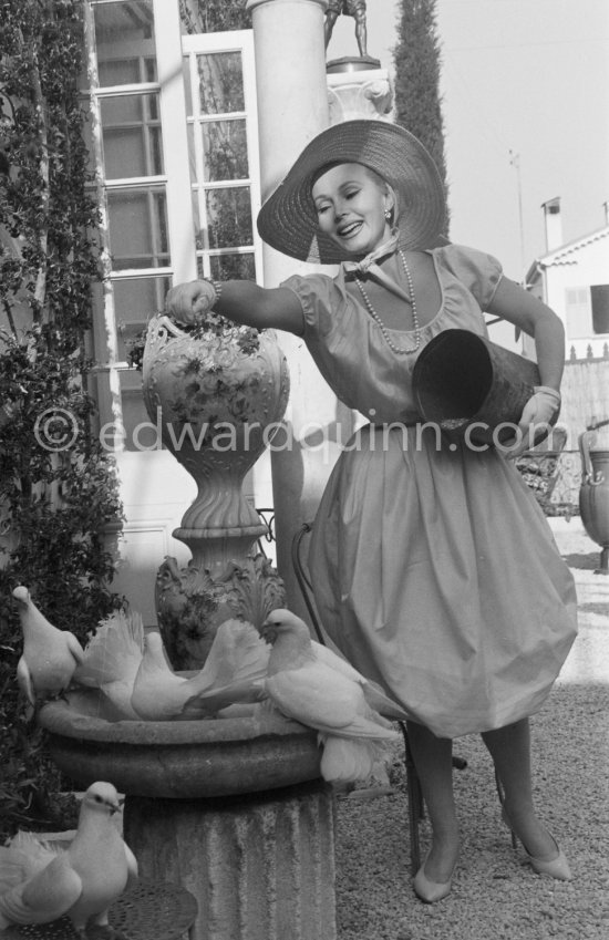 Zsa Zsa Gabor feeding doves in the garden of an antique dealer. Antibes 1959. - Photo by Edward Quinn