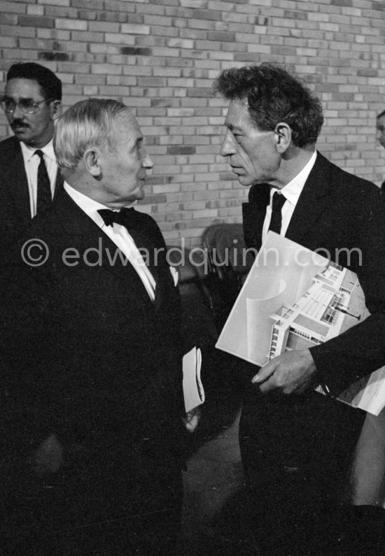 Juan Miró and Alberto Giacometti. Inauguration of the Fondation Maeght, Saint-Paul-de-Vence 1964. - Photo by Edward Quinn