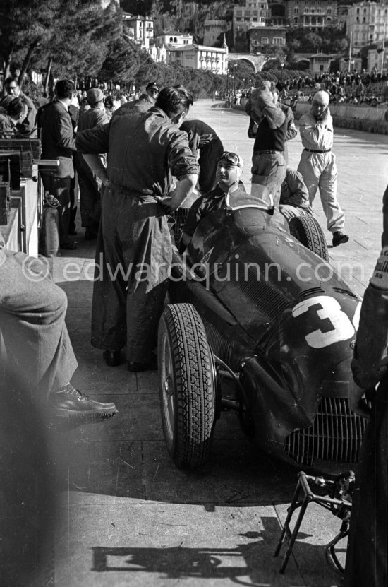 Juan Manuel Fangio, (34) Alfa Romeo 158 Alfetta, winner of the Monaco Grand Prix 1950. On the right Giuseppe "Nino" Farina. - Photo by Edward Quinn