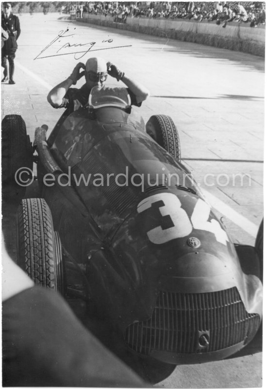 Juan Manuel Fangio, (34) Alfa Romeo 158 Alfetta, winner of the Monaco Grand Prix 1950. With Fangio's original signature. - Photo by Edward Quinn