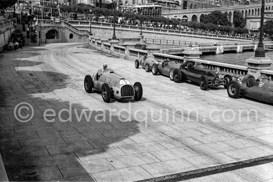 Raymond Sommer, (42) Ferrari 125, Giuseppe "Nino" Farina, (32) Alfa Romeo 158 Alfetta, Toulo de Graffenried (52) Maserati 4CLT, Franco Rol , (44) on Maserati 4CLT, Maurice Trintignant, (12) on Simca Gordini 1500C. Monaco Grand Prix 1950. - Photo by Edward Quinn