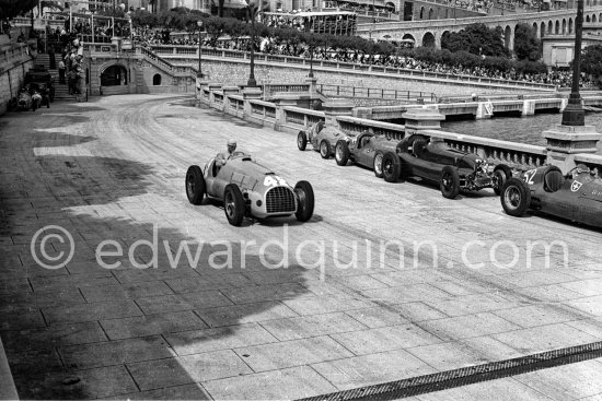 Raymond Sommer, (42) Ferrari 125, Giuseppe "Nino" Farina, (32) Alfa Romeo 158 Alfetta, Toulo de Graffenried (52) Maserati 4CLT, Franco Rol , (44) on Maserati 4CLT, Maurice Trintignant, (12) on Simca Gordini 1500C. Monaco Grand Prix 1950. - Photo by Edward Quinn